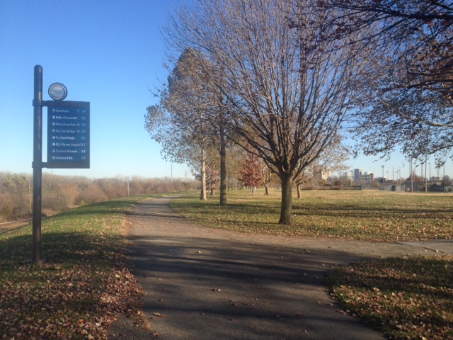 Bicycle ride on Louisville Loop (downtown straight ahead, Ohio River to my left).